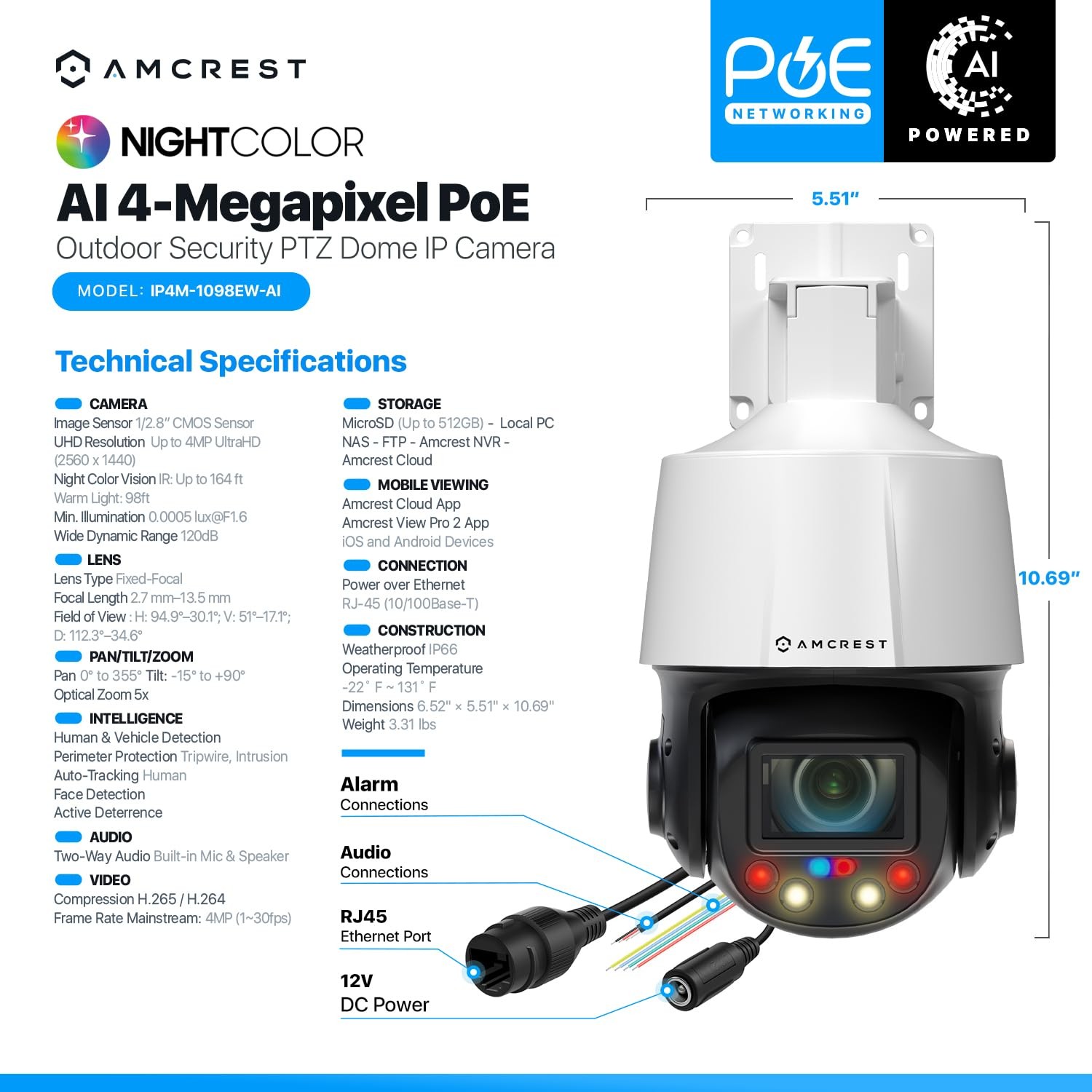 Amcrest 4MP Outdoor PTZ POE + AI IP Camera Pan 1 Count (Pack of 1), White