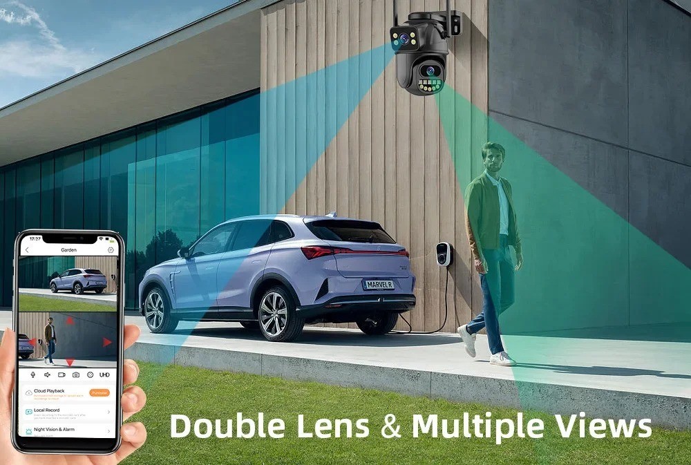 4K 8MP WiFi PTZ Security Camera Dual Lens 4X Zoom AI Human Detect Outdoor