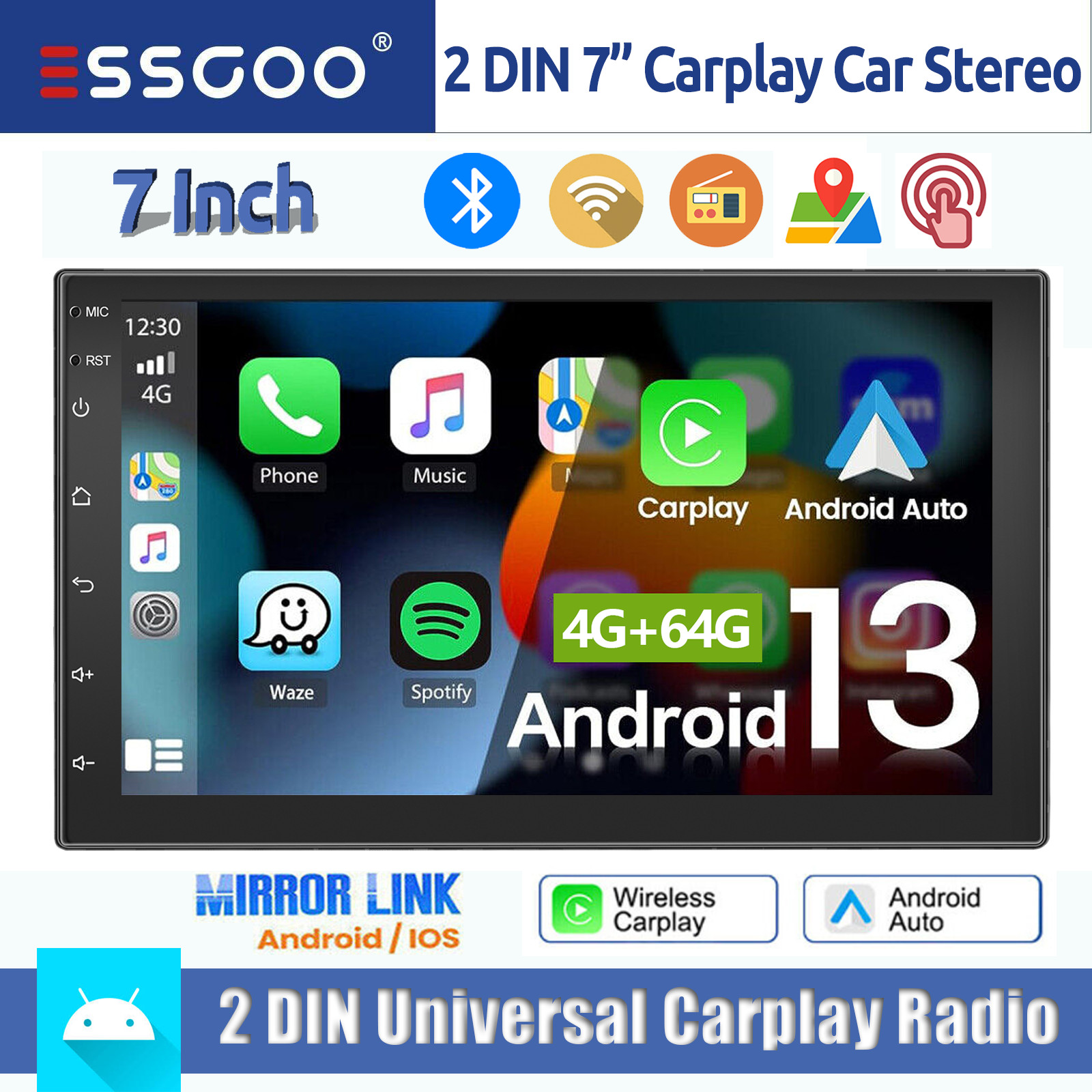 2 DIN Android 13 4G+64G CarPlay 7″ Car Stereo Radio iOS Carplay Touch Screen GPS