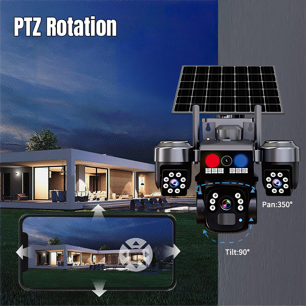 9MP WiFi Solar Security Camera 360° 4K Wireless 3Lens-PTZ Surveillance Camera
