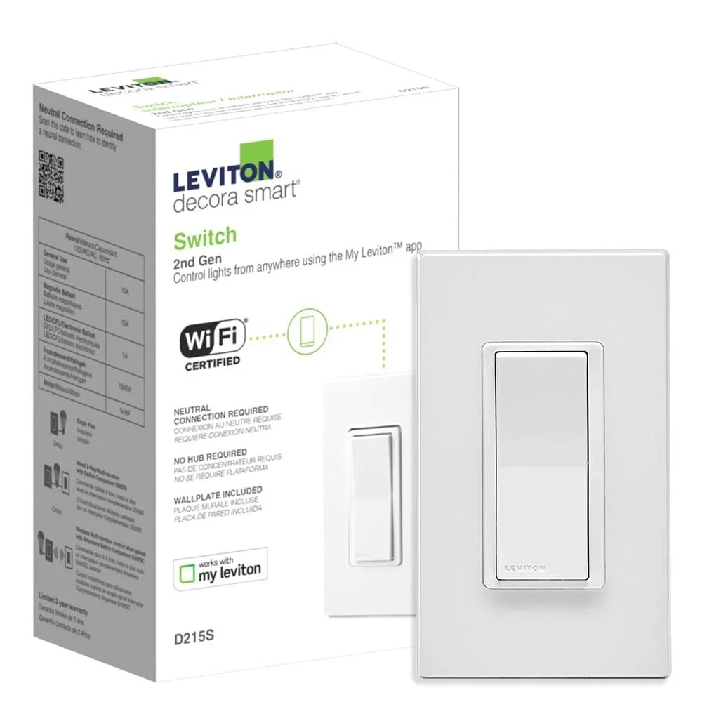 Leviton D215SDecora Smart Wi-Fi 2nd Gen Switch, 15A, White