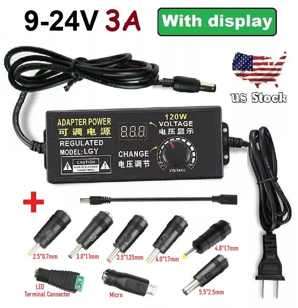 9-24V 3A 72W Supply AC/DC Adapter Power Adjustable Display Power Charger +8 Plug
