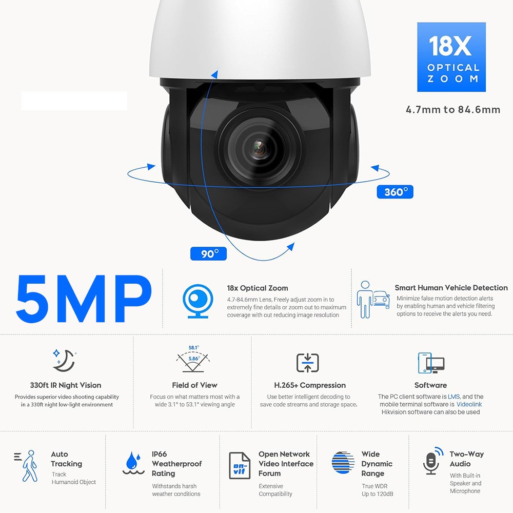 3PCS VIKYLIN 5MP 18X Zoom IR PTZ Security Camera Mic Speaker Human Auto Tracking