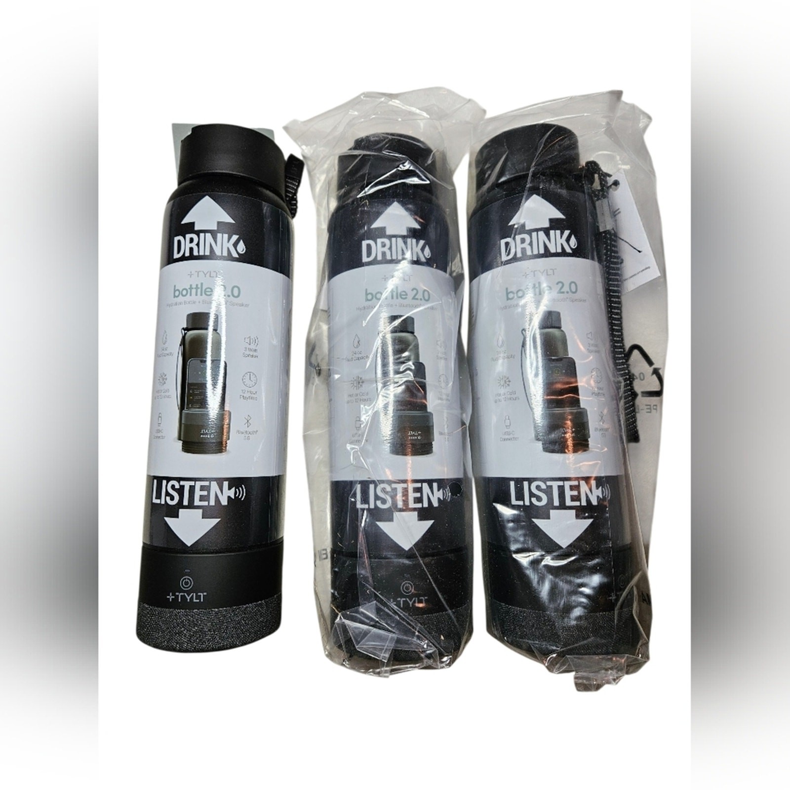 3 – NWOT TYLT Drink Bottle 2.0 Hydration Bottle w/ Bluetooth Speaker – Blk 24 oz