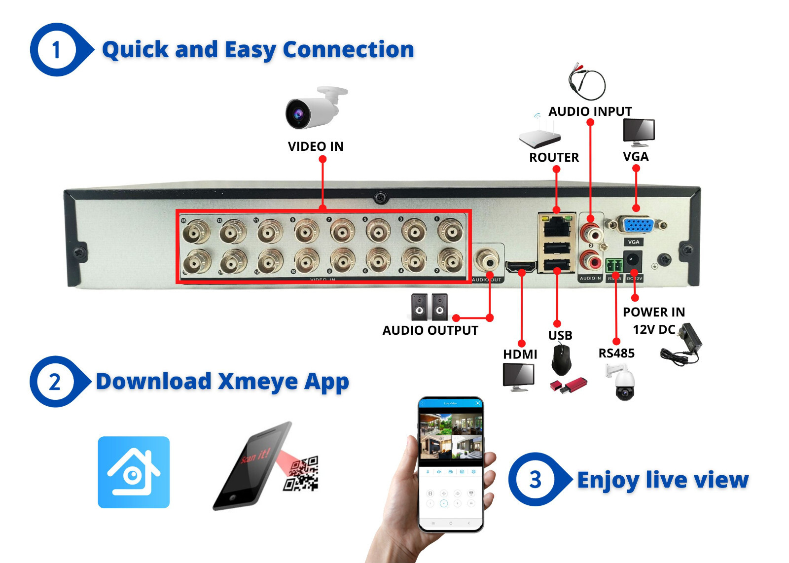 16 Channel h265 Security DVR with 16TB Hard Drive for AHD TVI CVI Analog Cameras