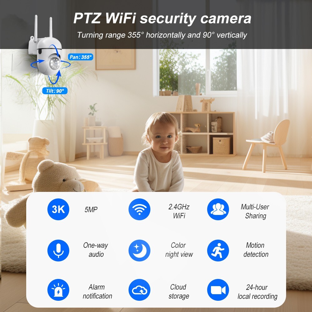2pcs Wireless 5MP WiFi Security Camera PTZ Dome Cam 2-Way Audio Outdoor Home