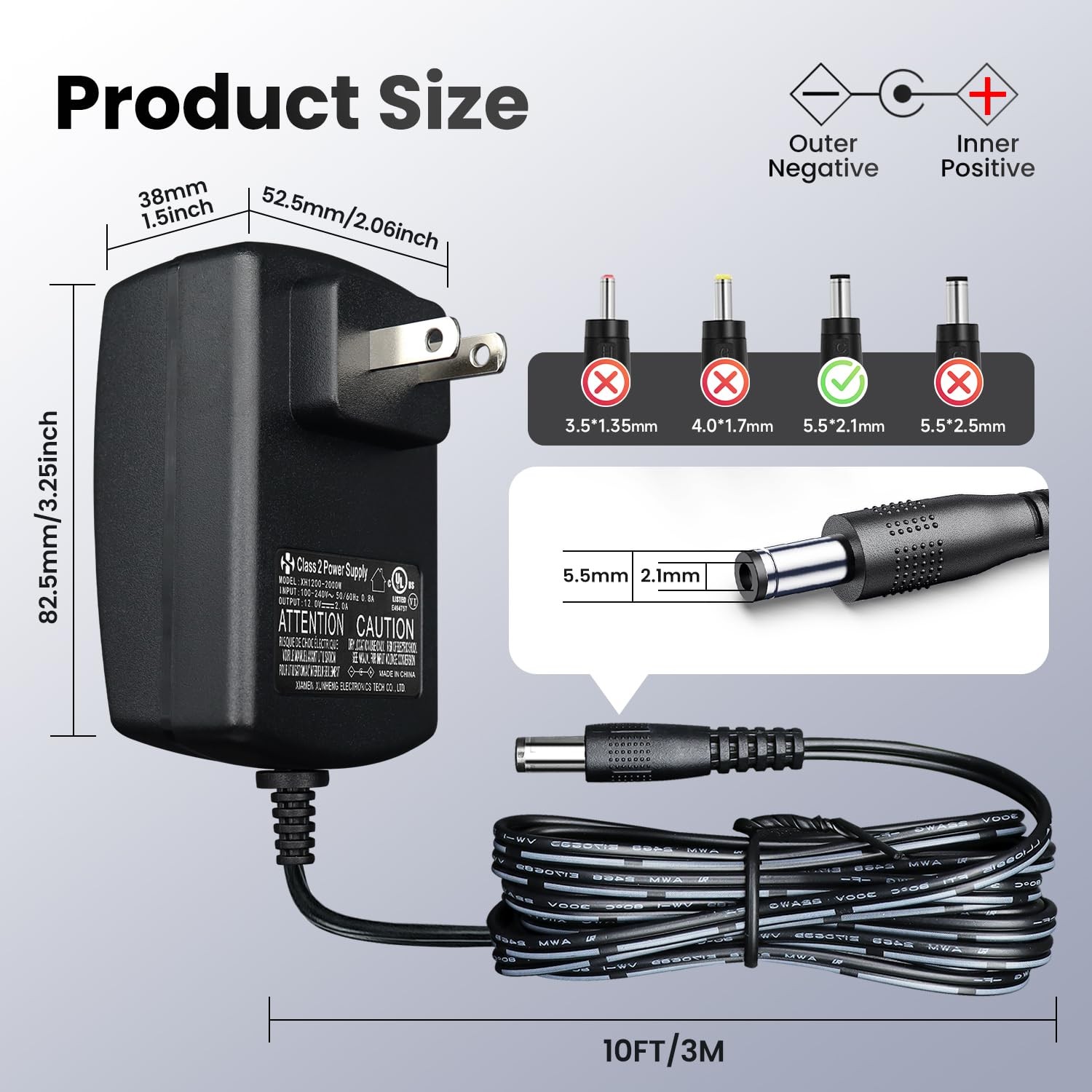 UL Listed 12V 2A 10ft Power Supply Adapter with 8 Tips, 24W 1.5A 1A 0.8A 0.5A…