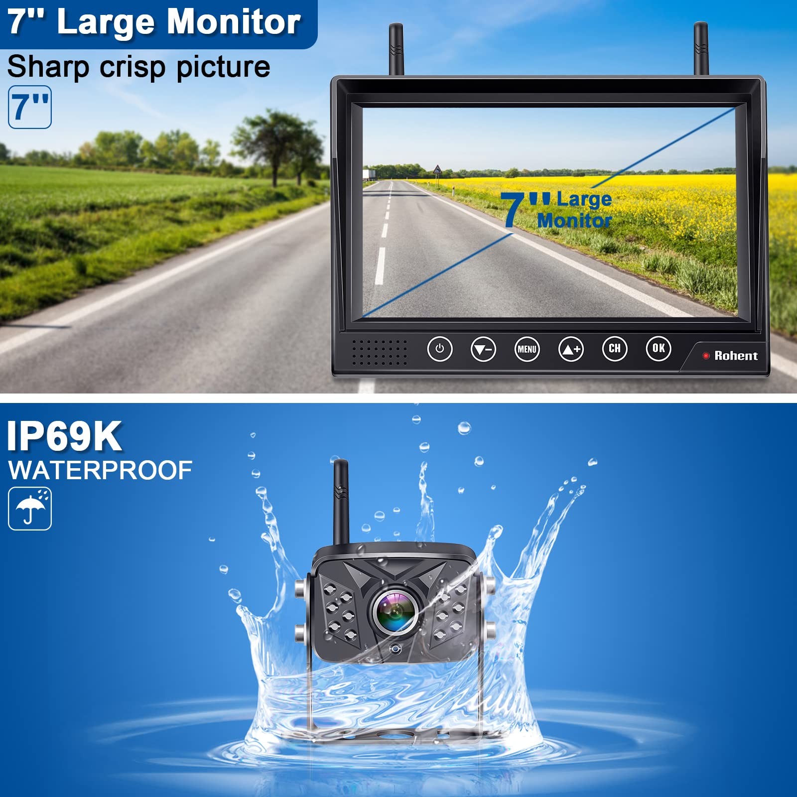 Rohent RV Backup Camera Wireless HD1080P 2 Cameras 7 Inch Monitor, 2cameras