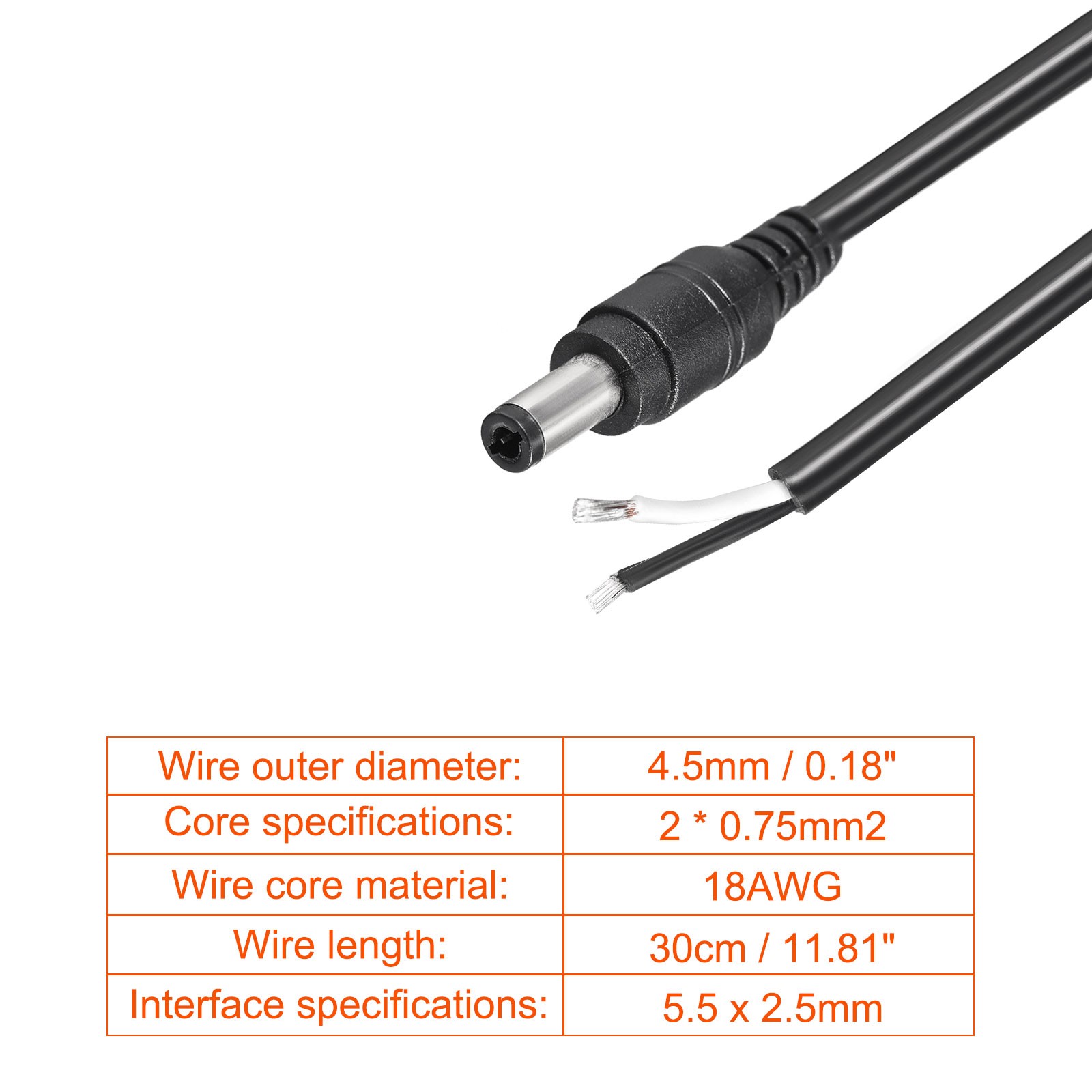 6Pcs DC Power Cable Male Connectors DC Jack Socket Wire 30cm 10A Black