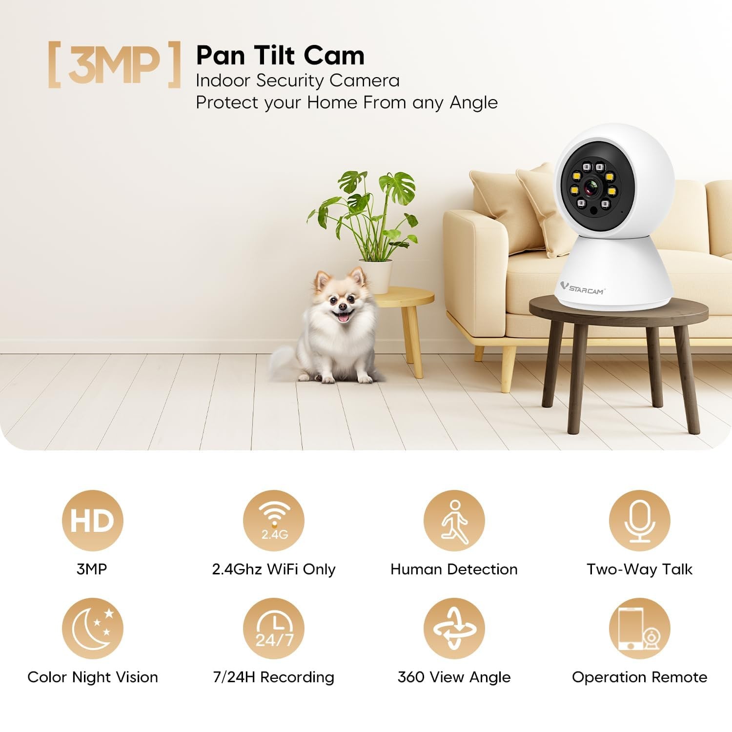 3MP 2K Indoor , 2.4GHz WiFi Pet with 355° Pan 60° Tilt, Human Detection, Colo…