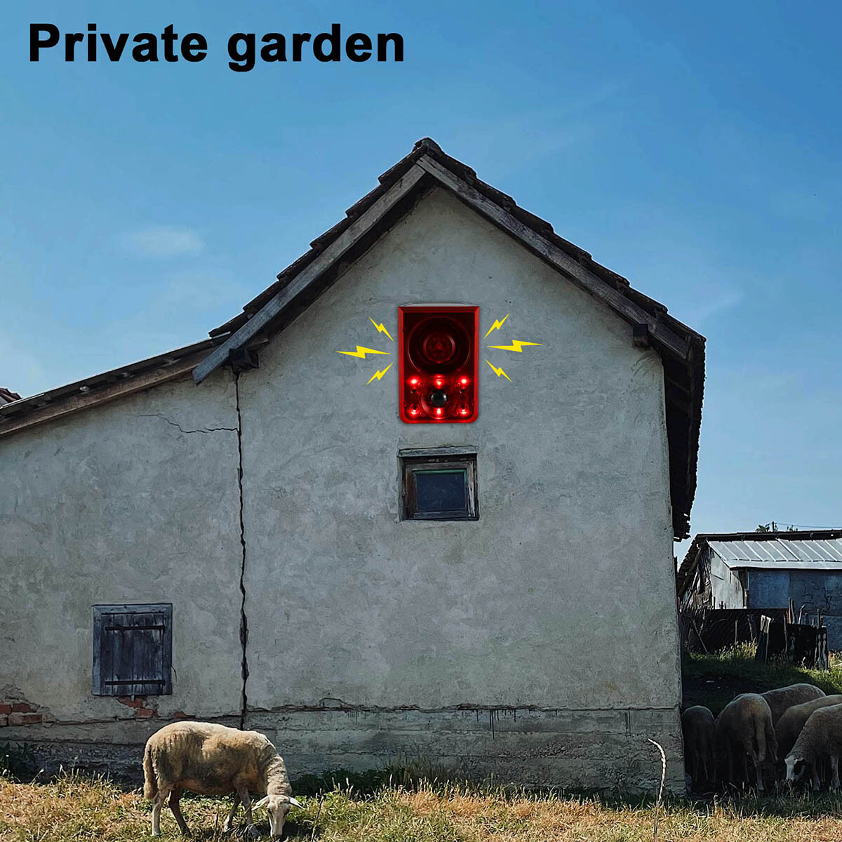 24H Sound & Light Alarm Motion Sensor 130dB Outdoor Dog Barking & Gunshot Sounds