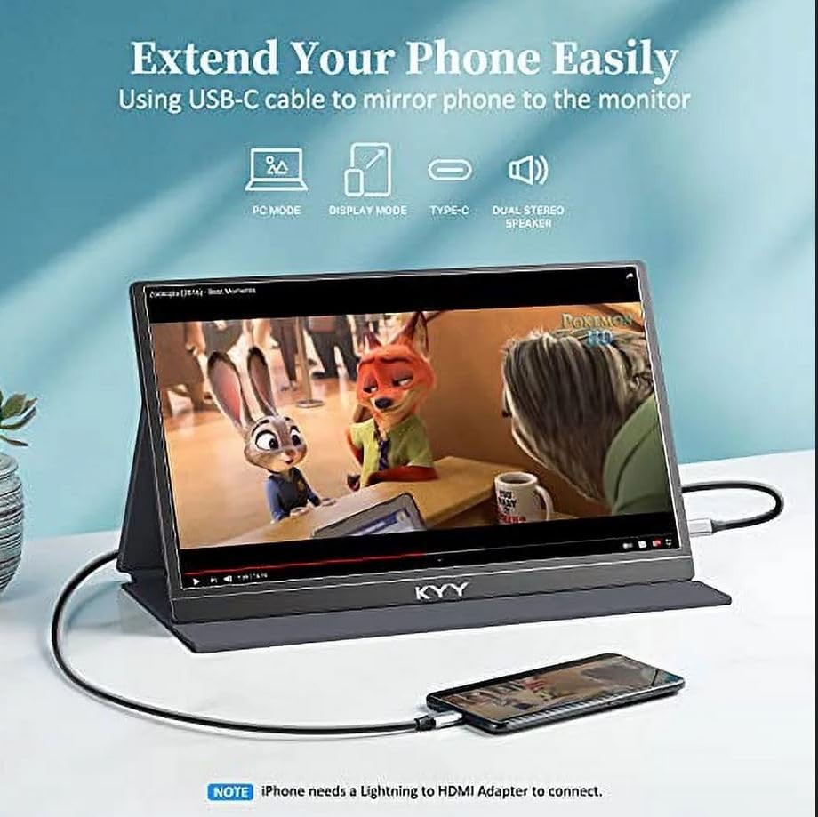 Kyy Portable Monitor 15.6Inch 1080P Fhd Usb-C Hdmi Computer Display Hdr Ips
