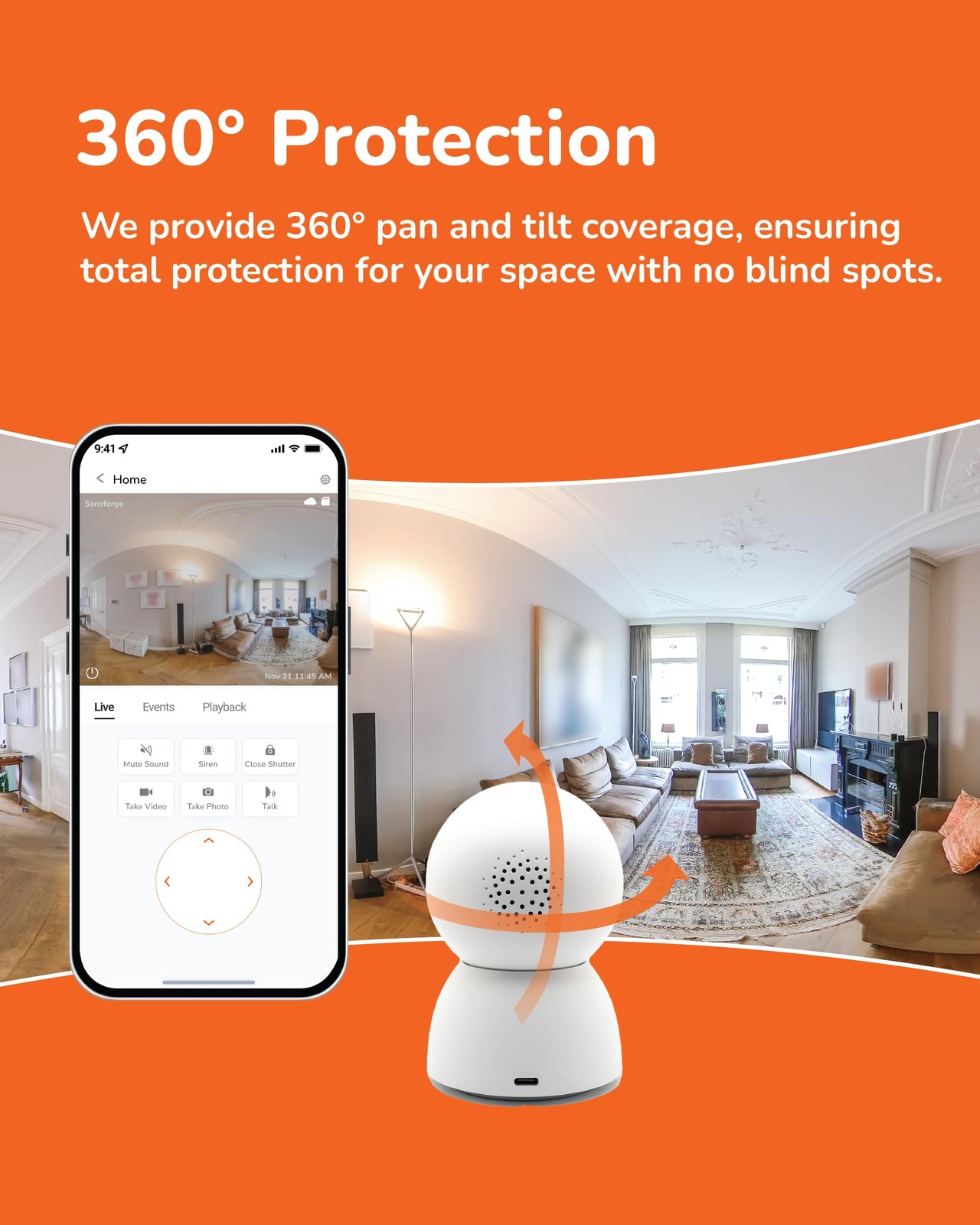 Sensforge 2.5K Indoor Pan-Tilt Dome Security Camera, 360° Coverage, AI White