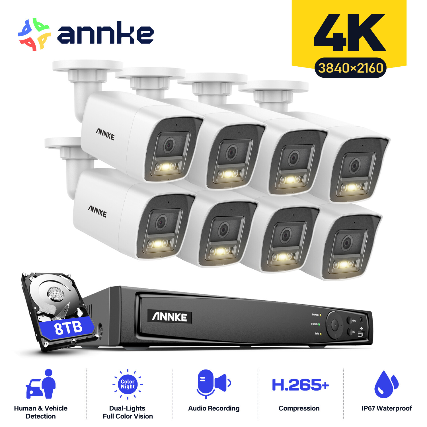 ANNKE 4K POE AI Color Night Security Camera System 12MP 8CH NVR Audio Recording