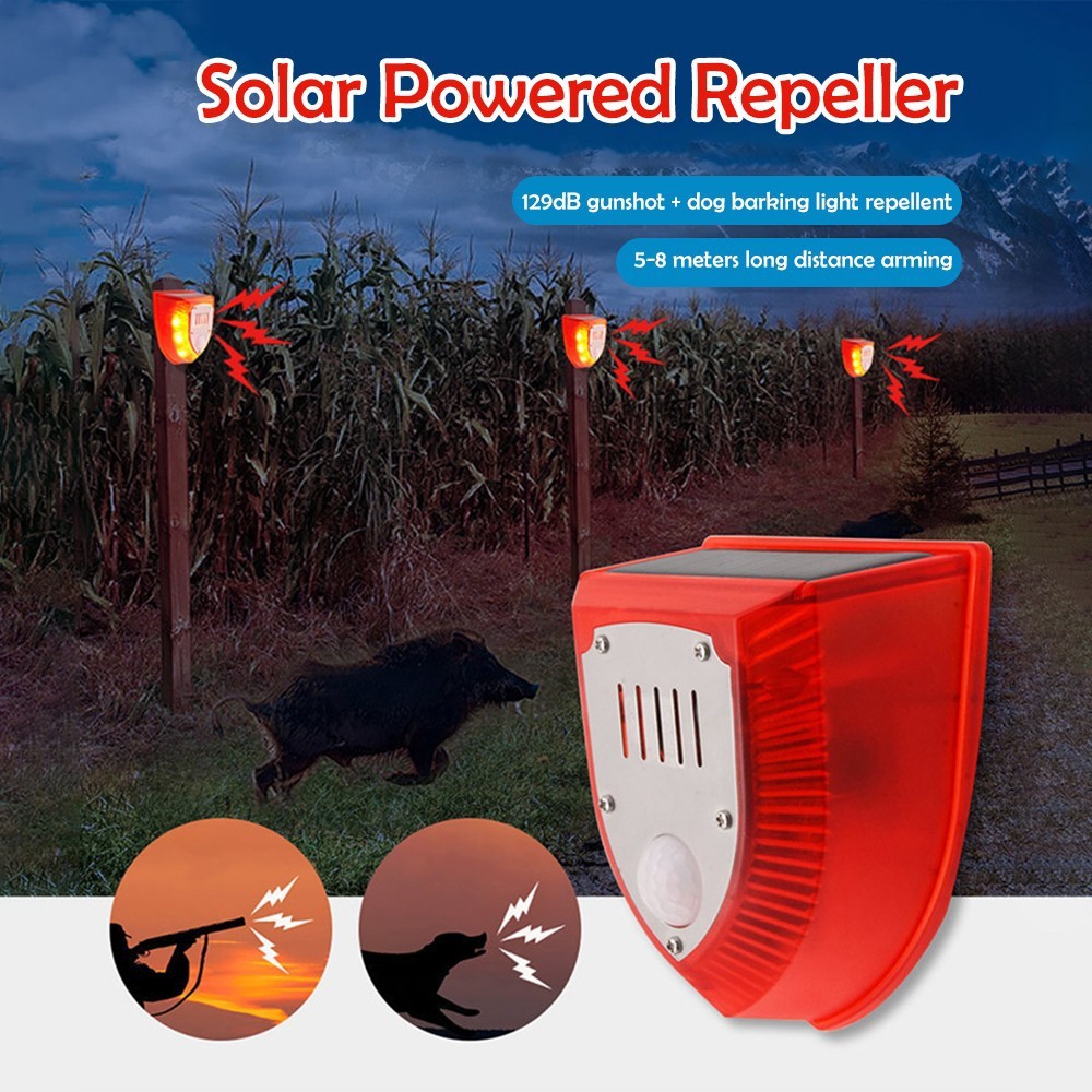 Solar Outdoor Motion Sensor Alarm-129db Dog Barking & Gunshot Sound USB Charge
