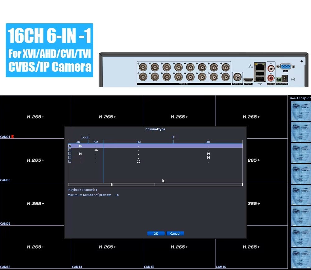 16 Channel Security Recorder DVR for 8MP Hybrid AHD/TVI/CVI/CVBS/IP Analog H.265