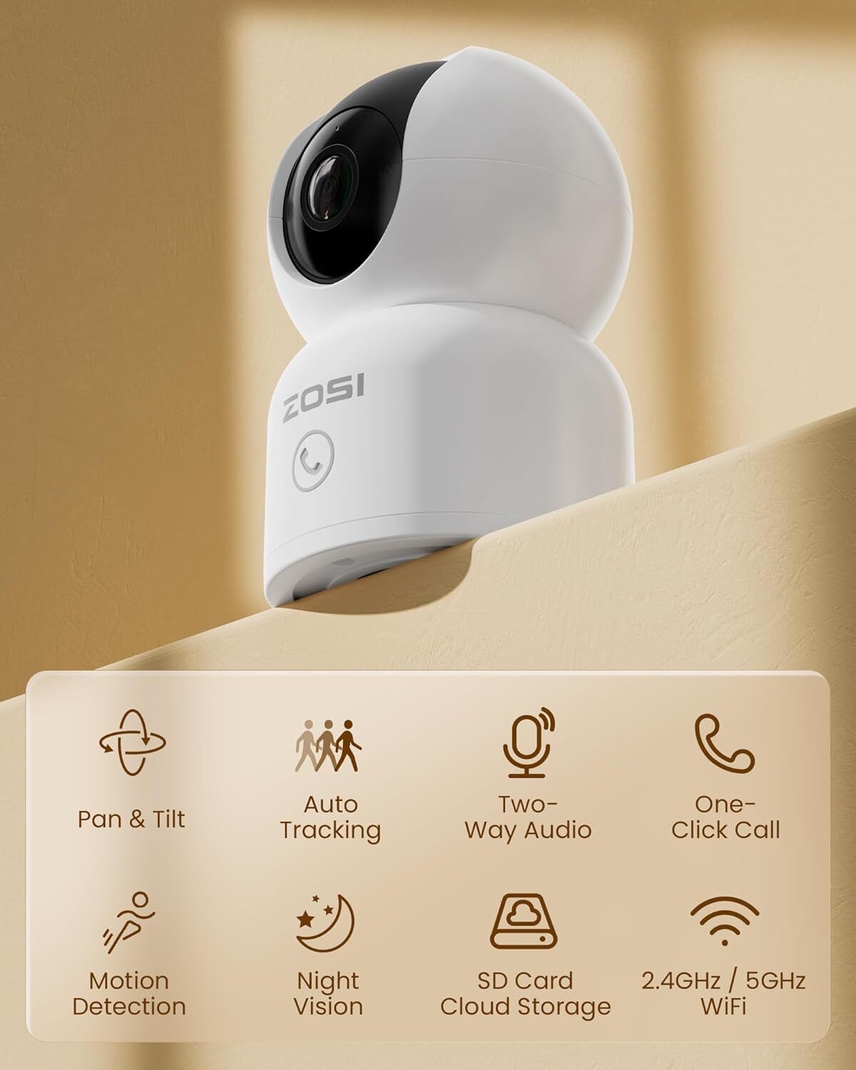 ZOSI 2K 3MP 360° Pan/Tilt Indoor WiFi Security Surveillance IP Camera 2.4/5GHz
