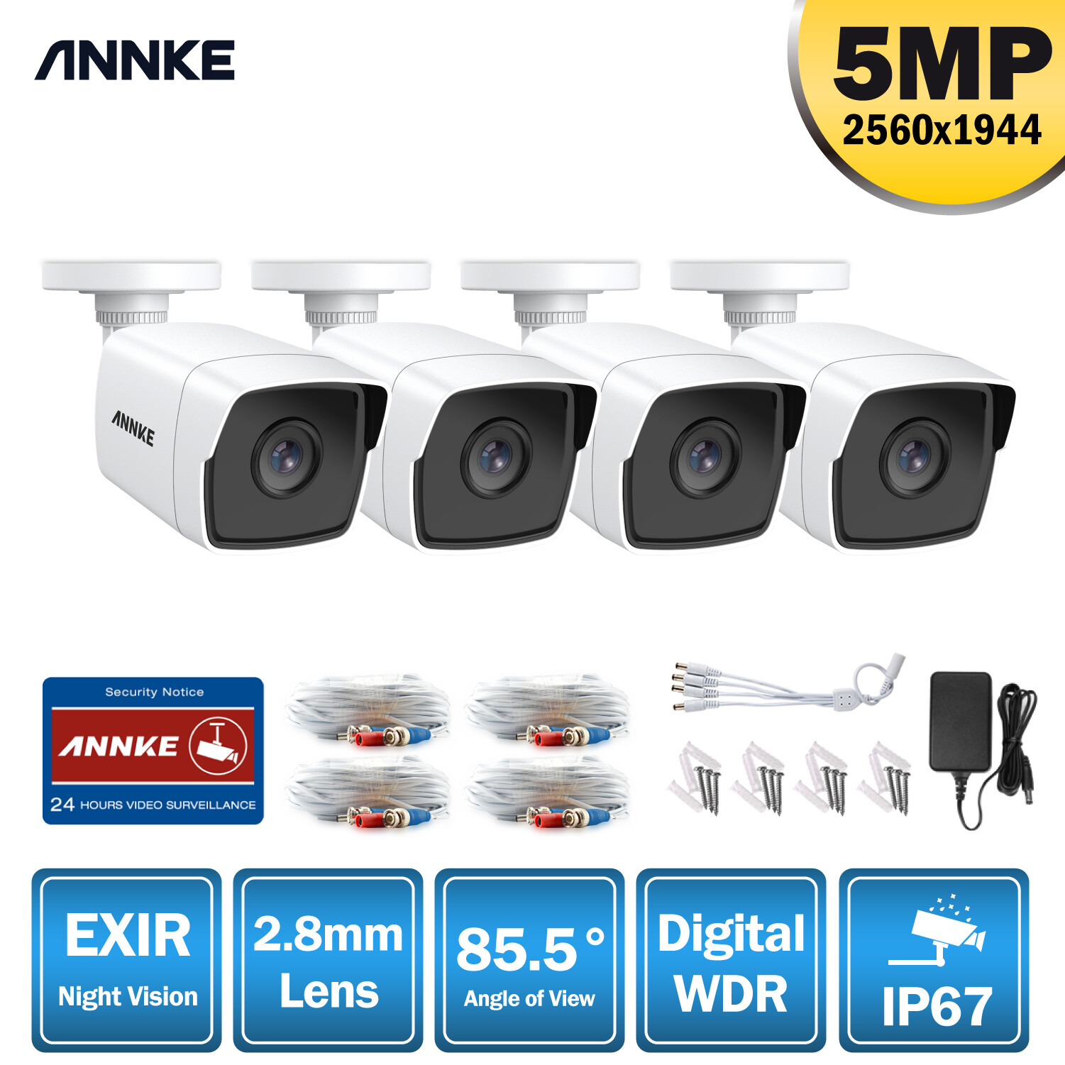 ANNKE 4pcs 5MP HD Home Outdoor IP67 Security Camera for CCTV Surveillance System