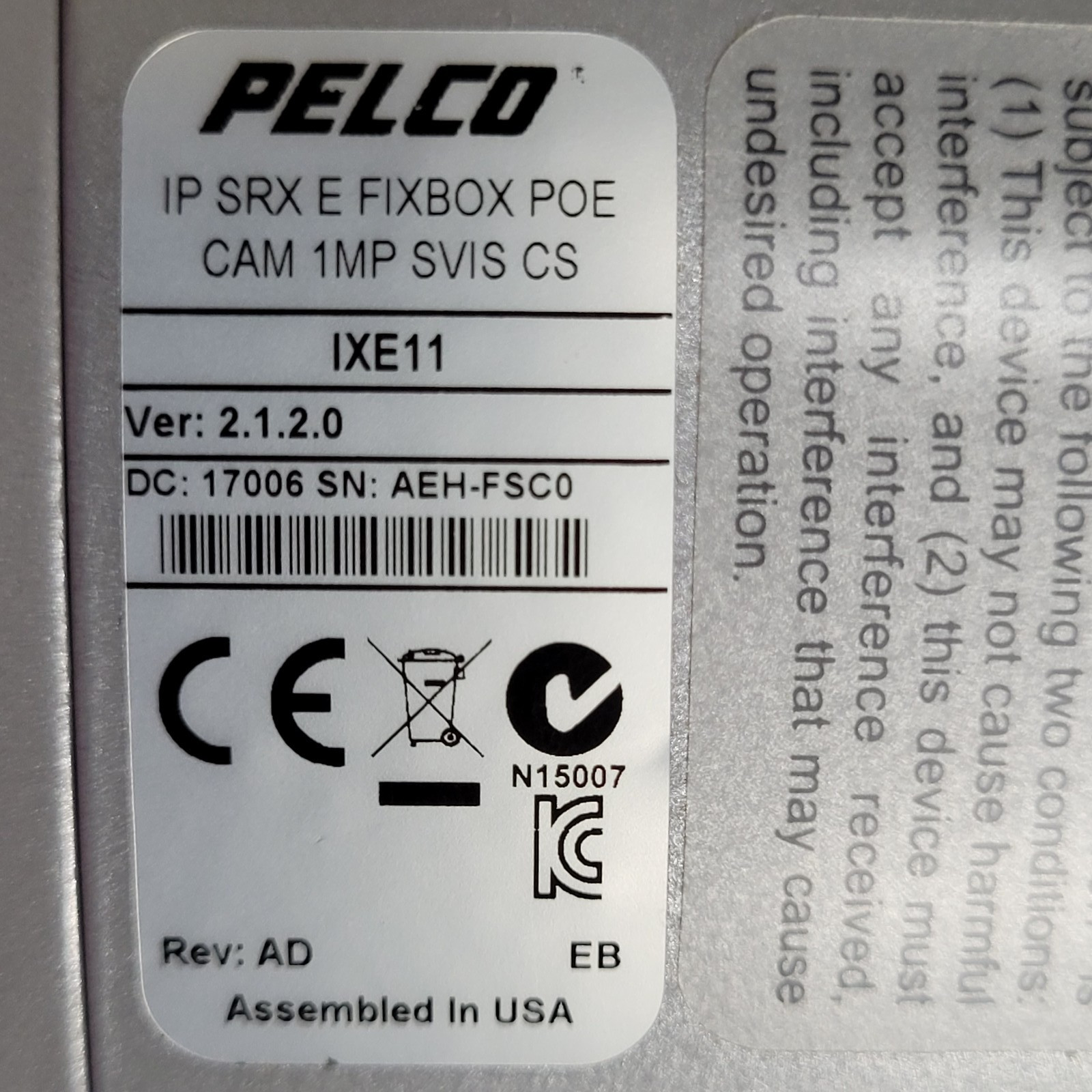 Pelco Sarix IXE Series Box Camera w/SureVision IP SRX E CAM 1MP Ver 2.1/2.0 NEW