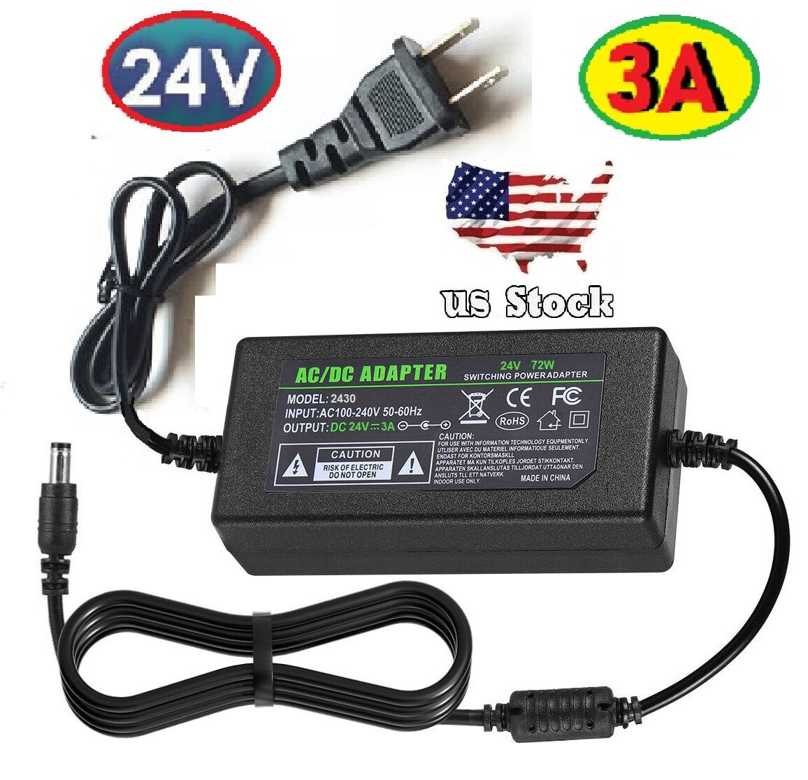 DC 24V 3A 72W Converter Adapter Power Supply Charger For LED Strip 5.5mm x 2.1mm