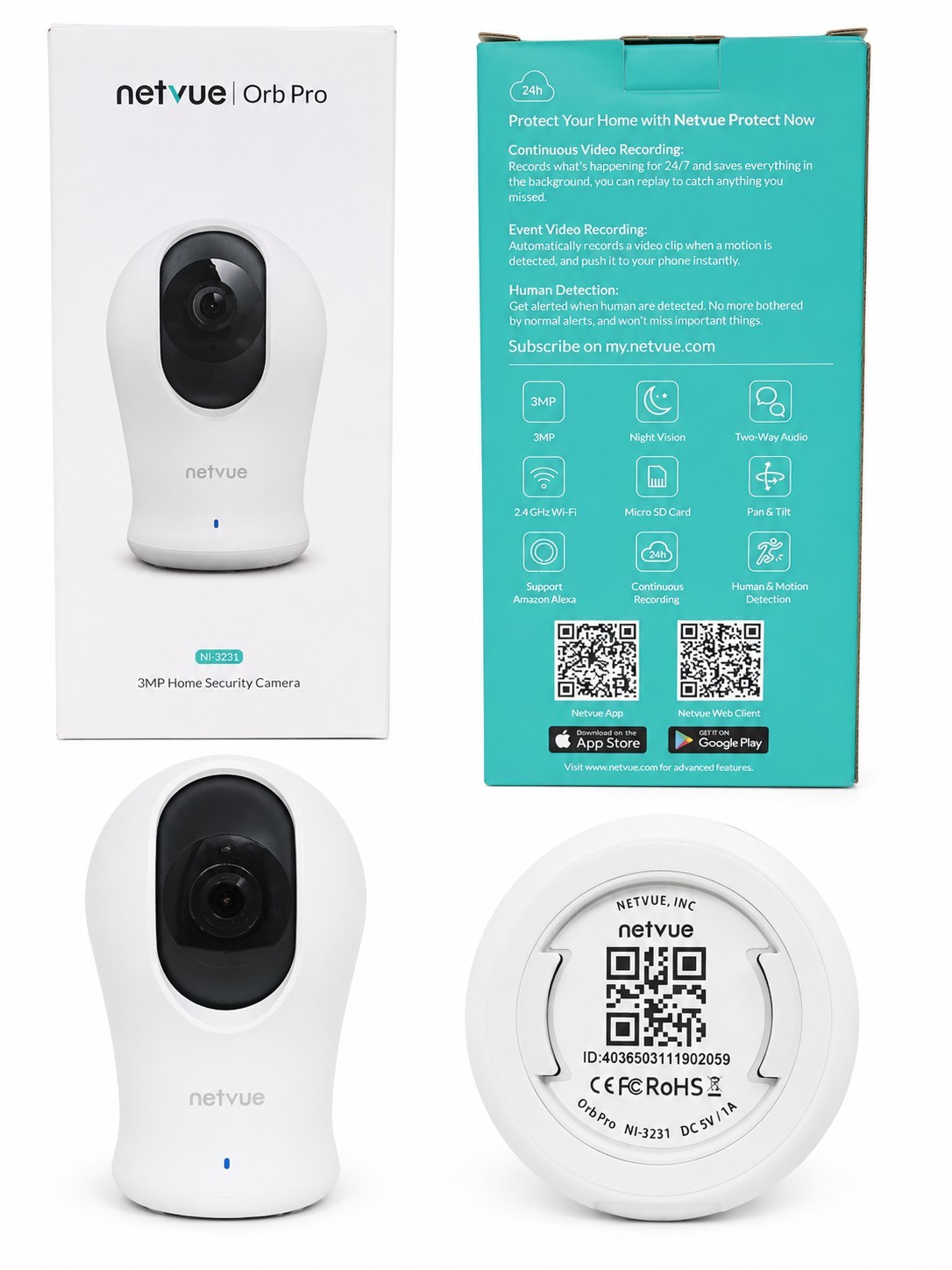Netvue Orb Pro NI-3231 3MP WiFi Indoor Security Camera w/ USB Charger Used