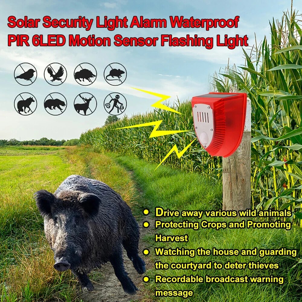Solar Outdoor Motion Sensor Alarm-129db Dog Barking & Gunshot Sound USB Charge