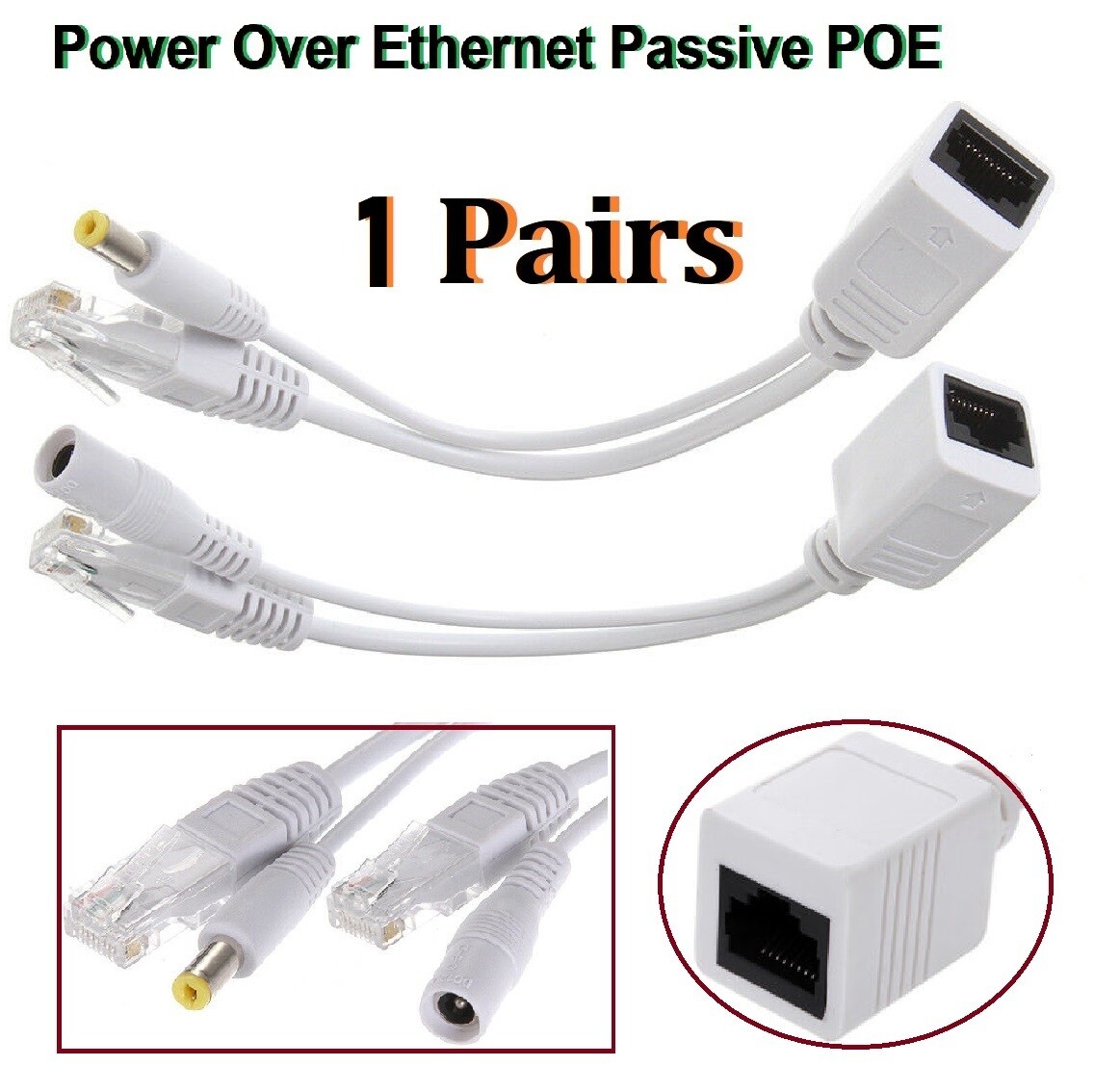 1 Pair Power Over Ethernet Passive POE RJ45 Injector Splitter Adapter Cable Kit