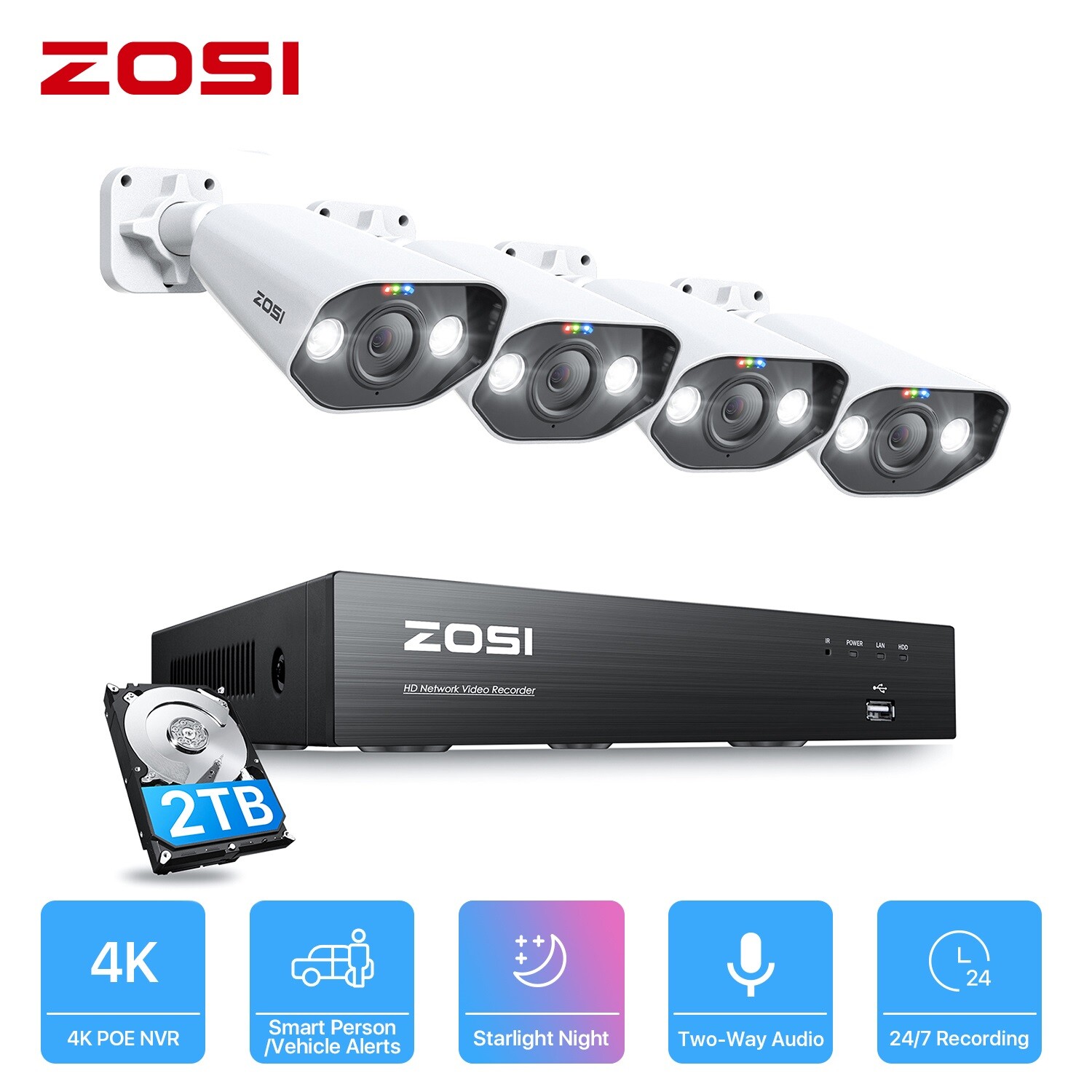 ZOSI 8CH 4K 5MP/8MP POE Security Camera System NVR CCTV Audio AI Detect IR Night