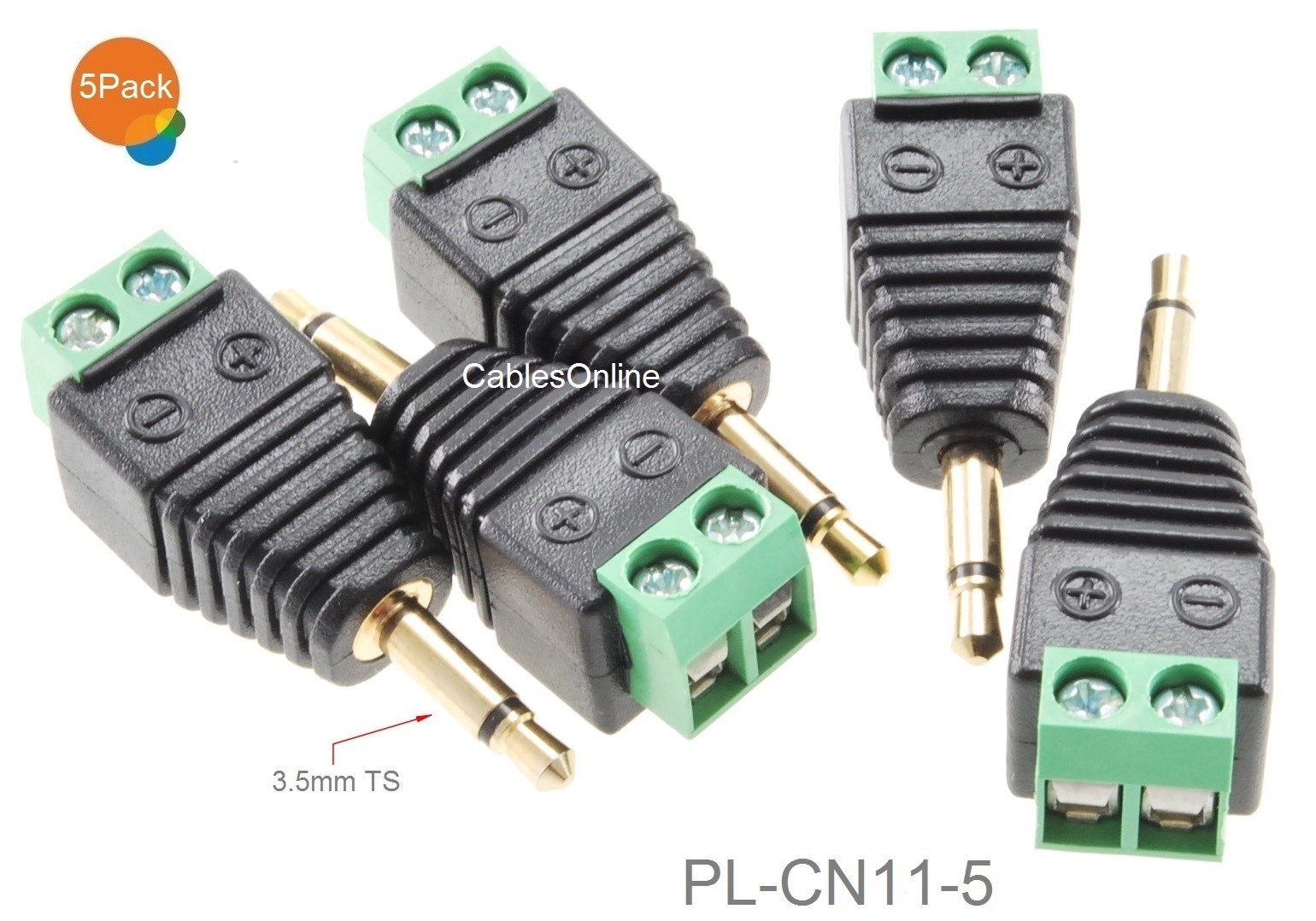 5-Pack 3.5mm 1/8″ Mono Male Plug to AV 2-Screw Terminal Block Balun Connectors