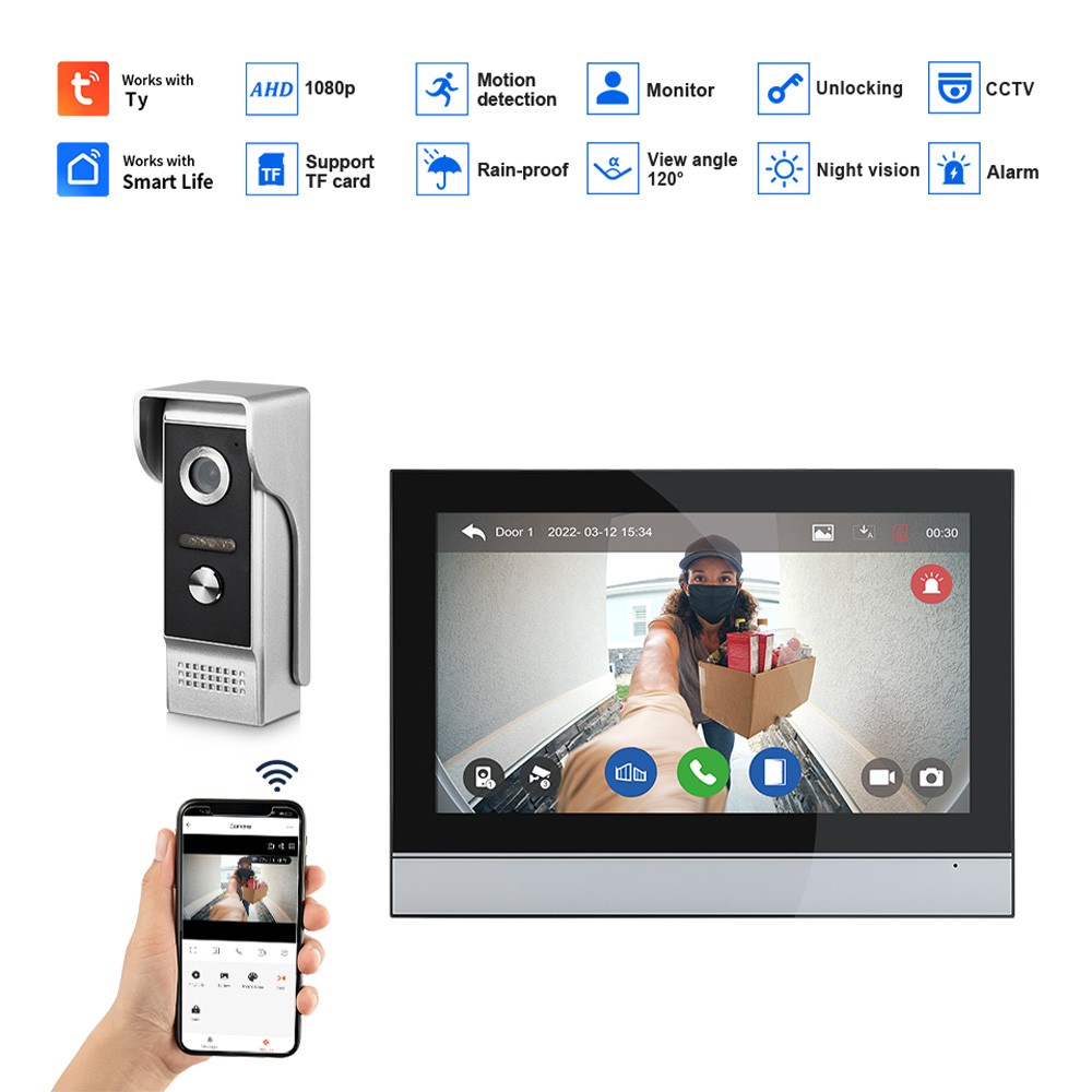 1080P Wireless Video Doorbell Camera With Monitor TY APP WiFi 7 Inch Touch TGRW