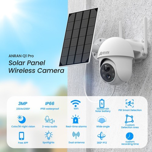 ANRAN Outdoor Wireless Security Camera Wifi 360° PTZ Solar Battery Powered IP66