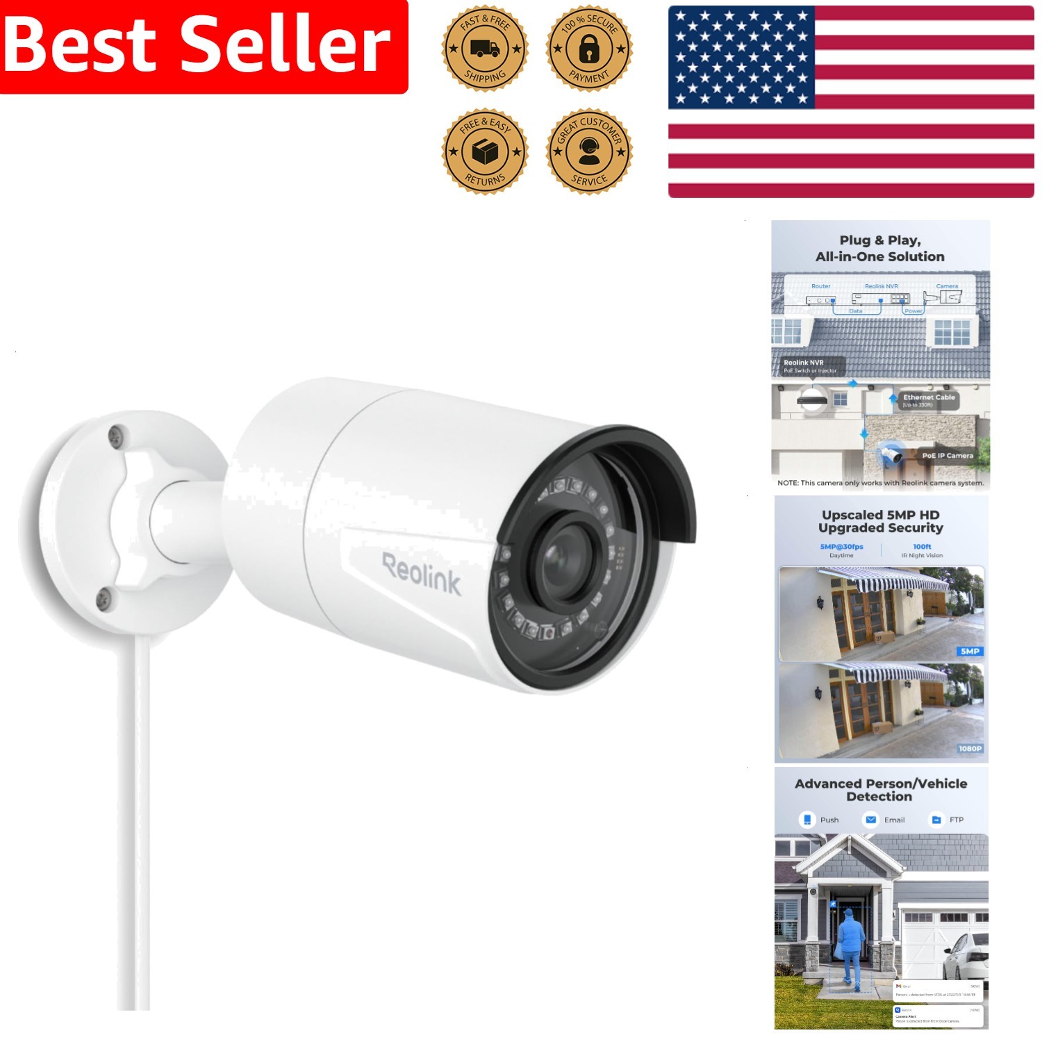 Outdoor Indoor 5MP PoE Camera Person Vehicle Detection 100ft Night Vision
