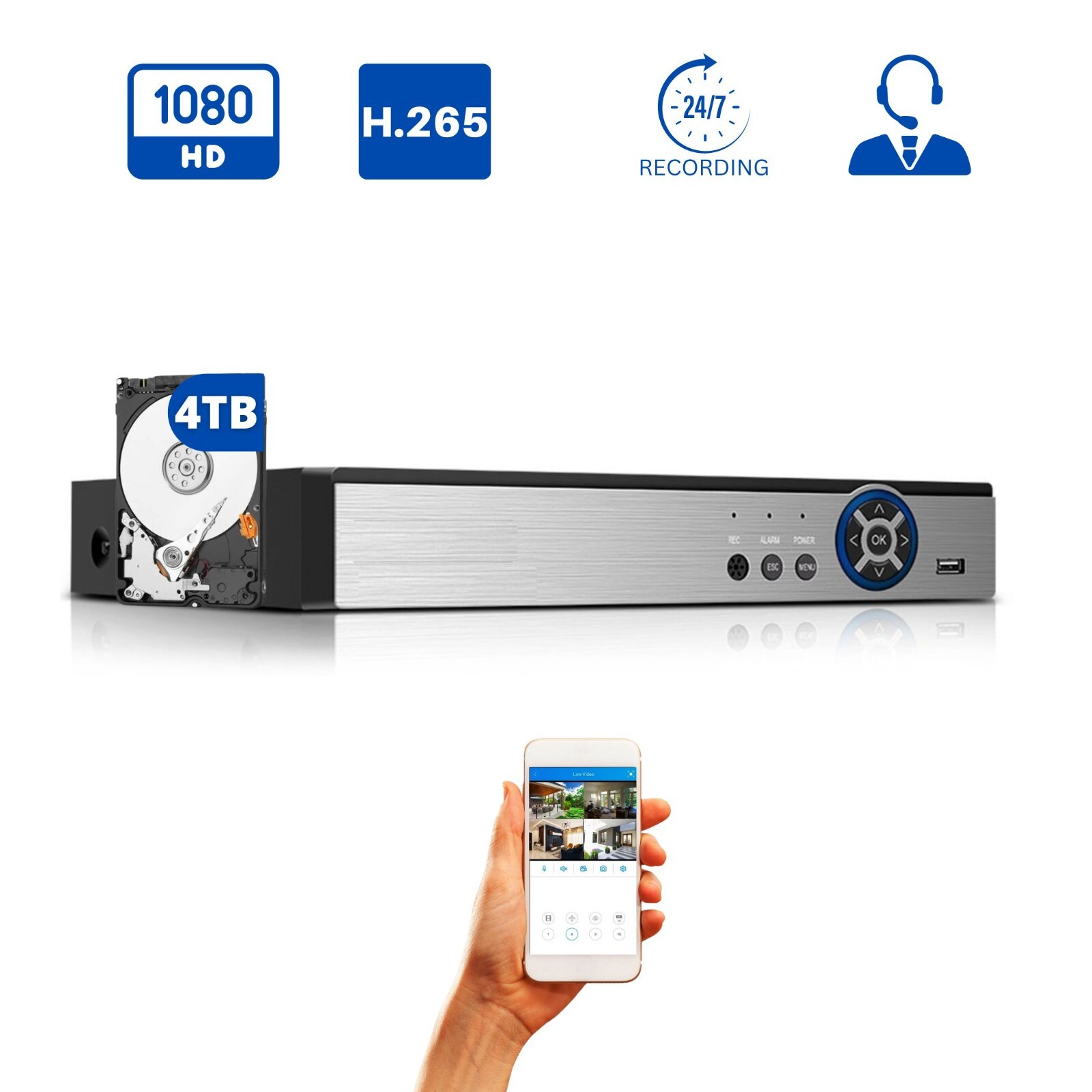 16 Channel H265 Security Camera Video Recorder DVR with 4TB HDD Memory Storage