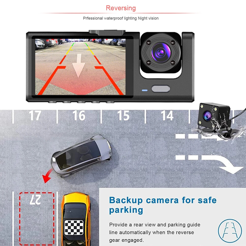 FHD 1080P Car 3 Lens Dash Cam Front/Rear/Inside Video Recorder Camera G-sensor