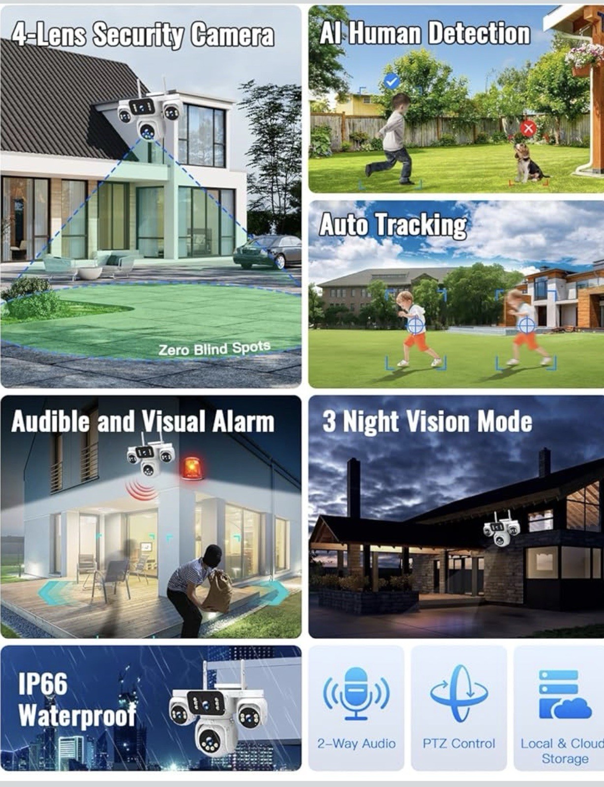 Camera 360° 16 MP Wi-Fi Security Camera, Night Vision, AI Detection, 128GB