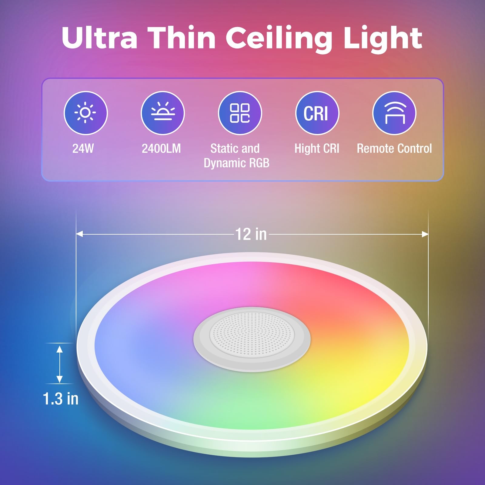 Zemty RGB Ceiling Light with Bluetooth 12in-1 Pack, White-Bluetooth Speaker