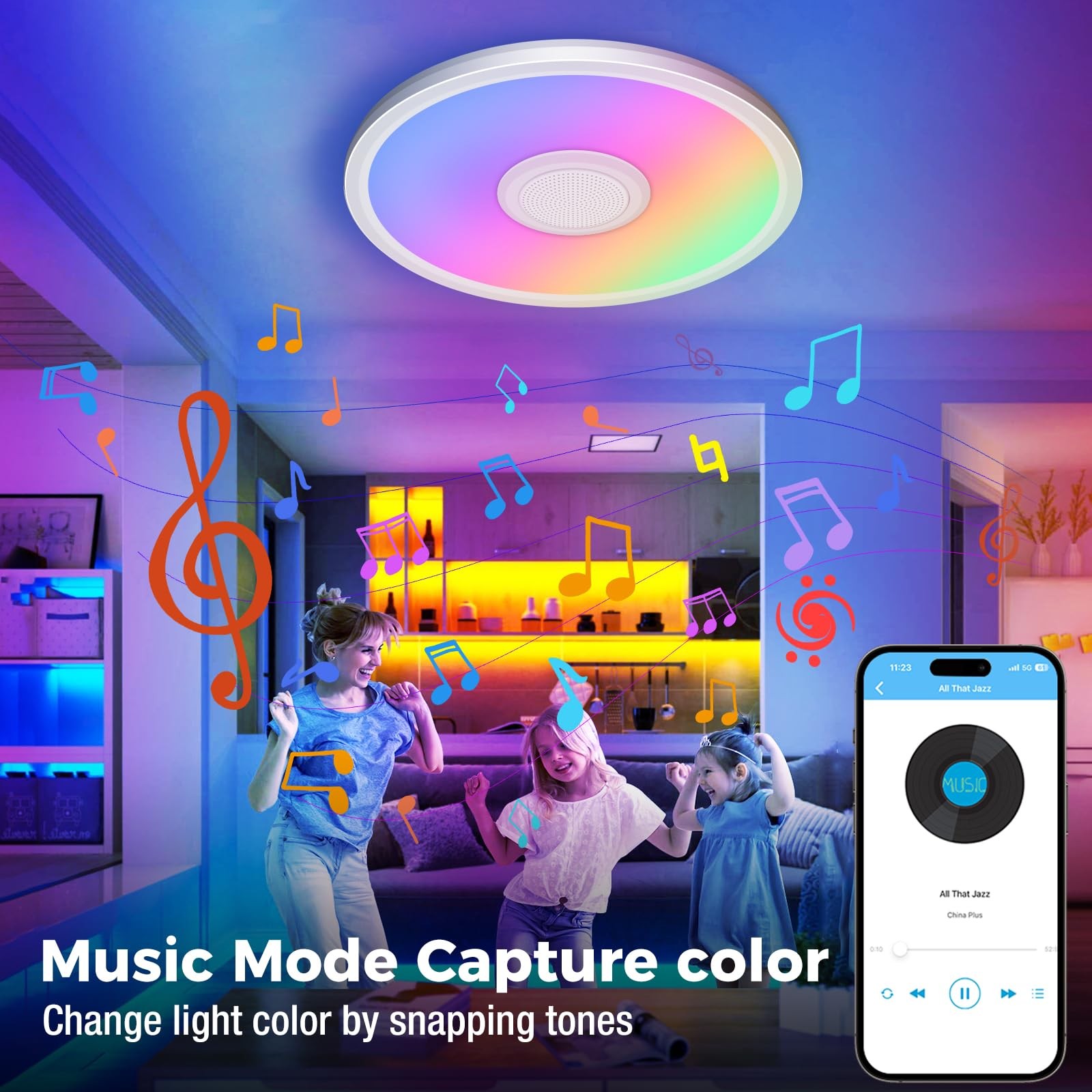 Zemty RGB Ceiling Light with Bluetooth 12in-1 Pack, White-Bluetooth Speaker