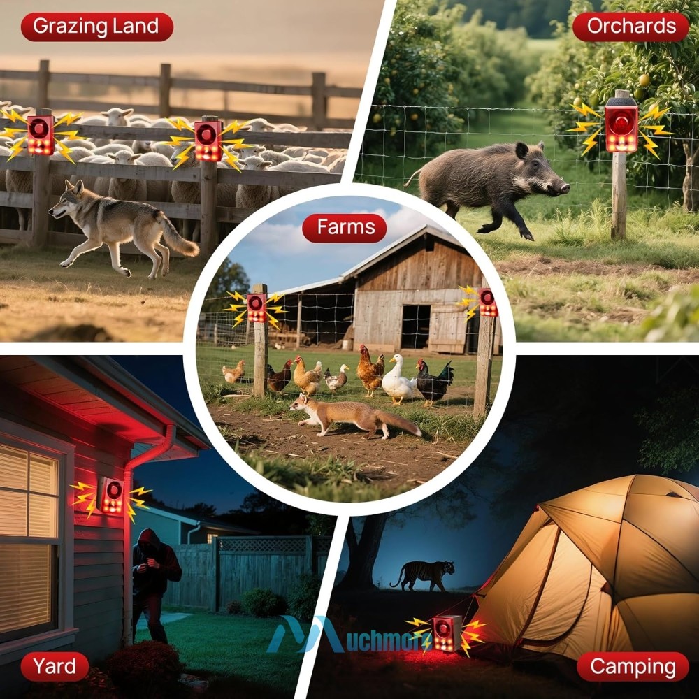 24H Sound & Light Alarm Motion Sensor 130dB Outdoor Dog Barking & Gunshot Sounds