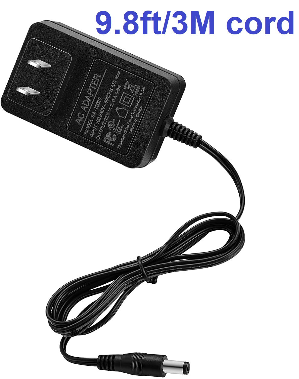 9.8ft Power Supply Adapter AC/DC 12V 2A for Security Camera CCTV/LED Strip Light