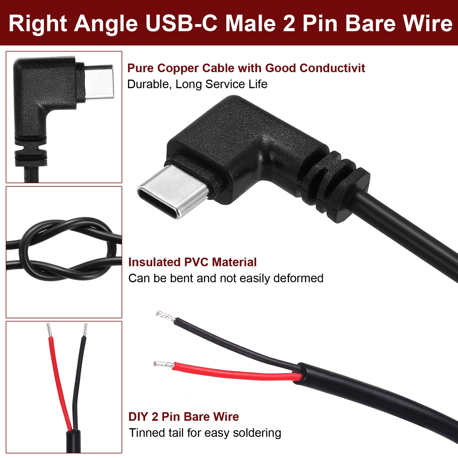 0.25M/0.8Ft Right Angle USB C Male Plug Bare Wire Cable 22AWG 12V 3A 2Pin 4Pcs