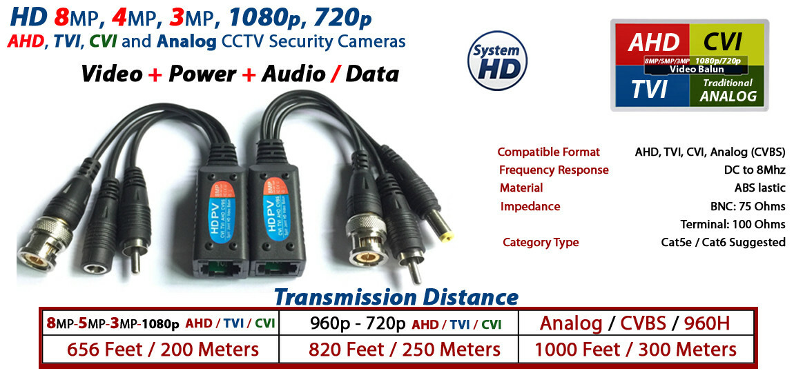 8MP Passive Video Audio Power Balun Data Transmitter via UTP HD-CVI/TVI/AHD/CVBS