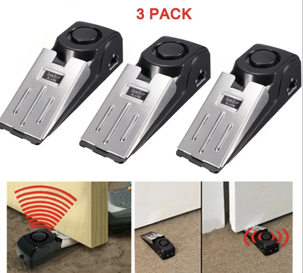 3 DOOR STOP Alarm Home Hotel Travel Wireless Security Alert Portable Safety Bloc