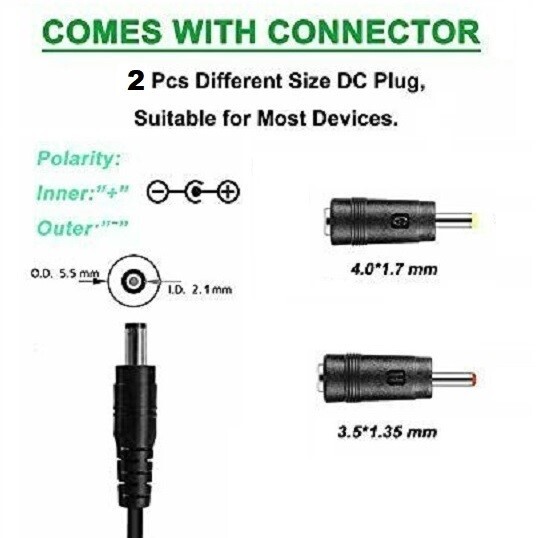 25V 2A AC Adapter DC Power Supply Charger Cord 5.5×2.1mm with 2 DC Plug Tips