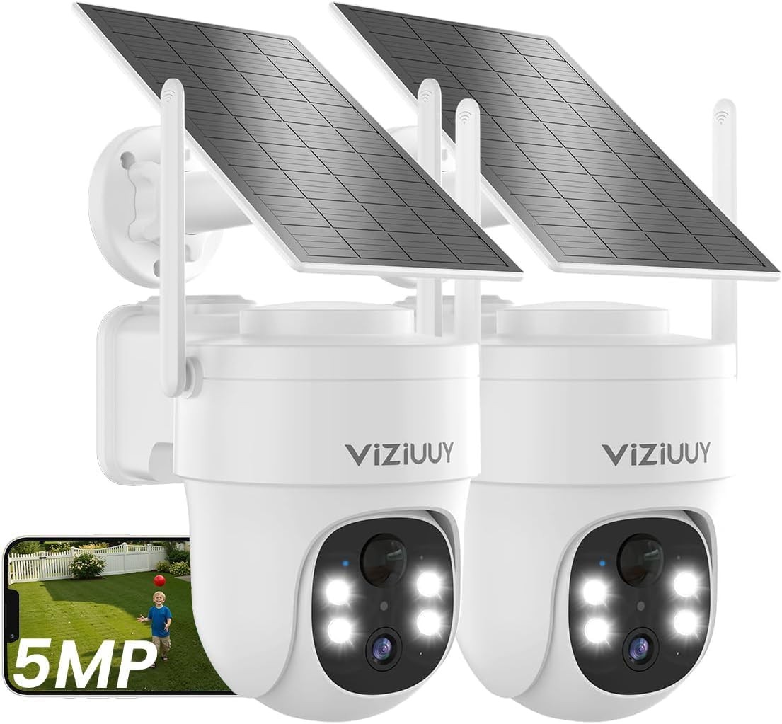 VIZIUUY 5MP Solar Security Camera Outdoor, 5MP-2PK, White – 2Pack Cam