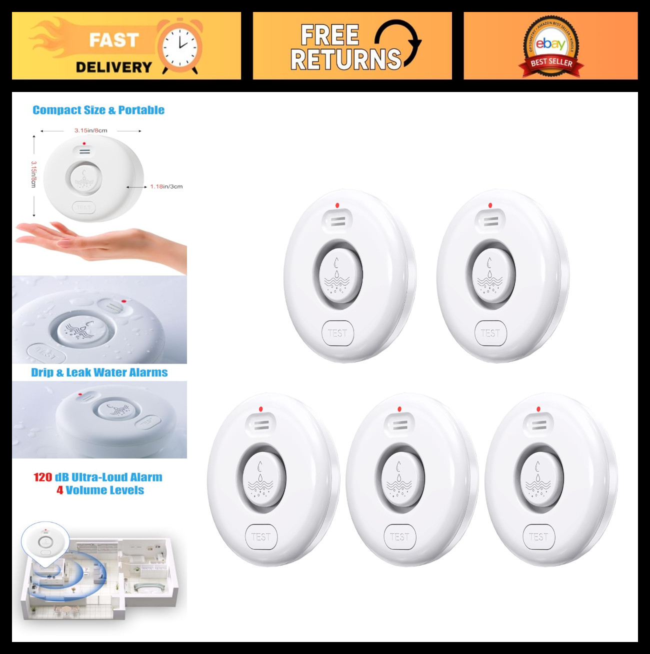 5 Pack Water Leak Alarm Sensors – 120dB Loud Alert, IP66 Waterproof, Easy Instal