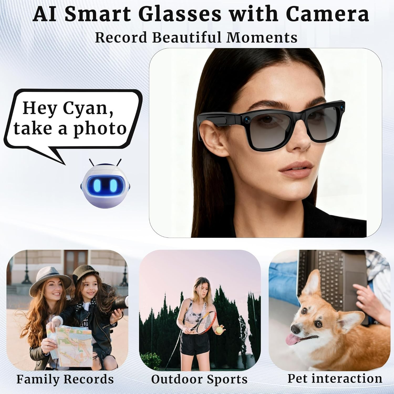 AI Smart Glasses with Voice Assistant, 8MP HD Camera Glasses, 1080P Video