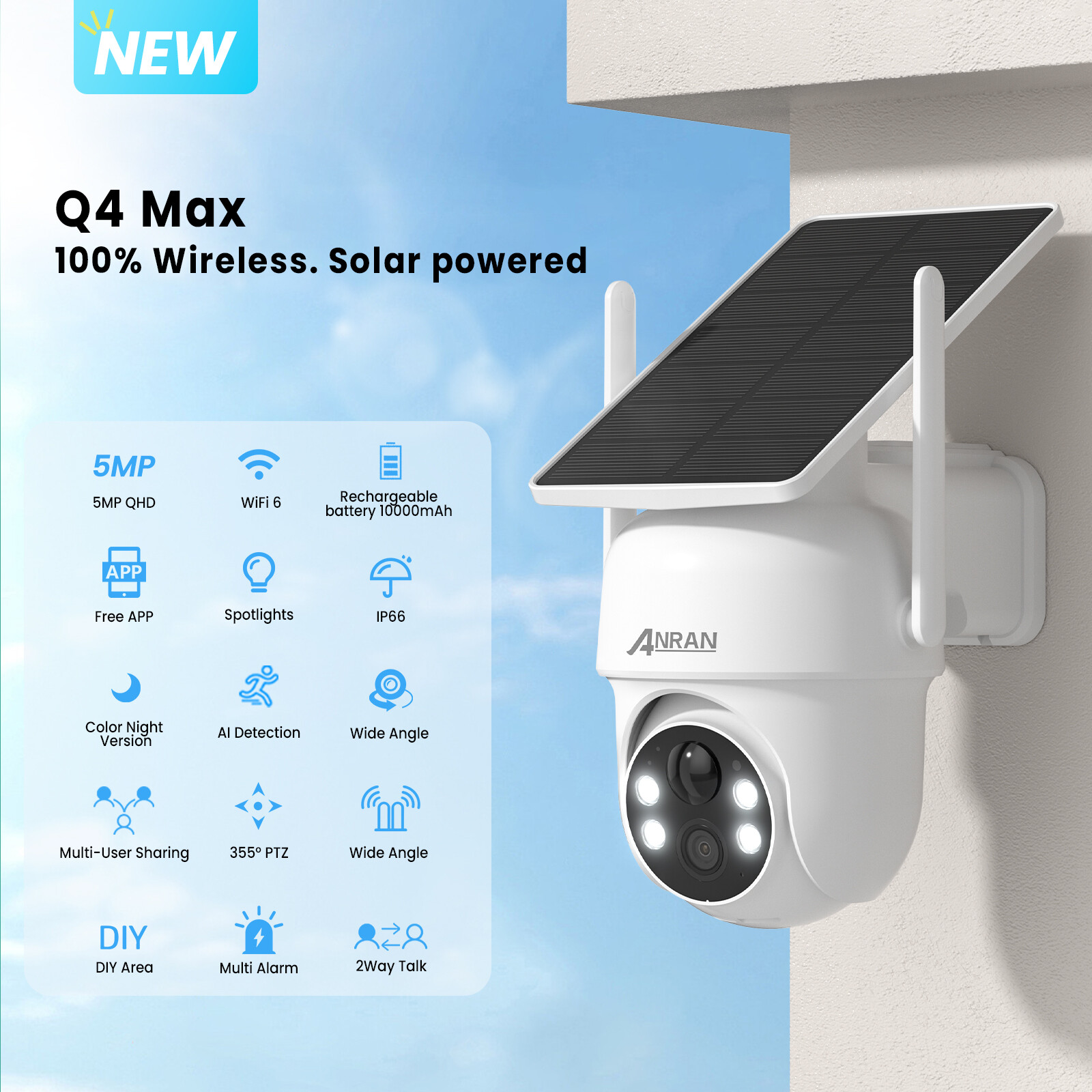ANRAN 4 Pack Security Camera Wireless Outdoor 5MP 360° PTZ Camera Solar Powered