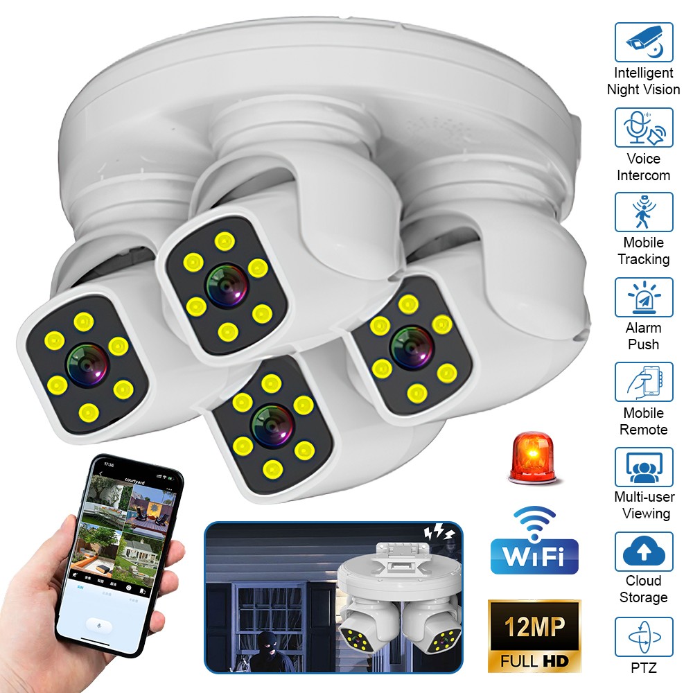 Four Lens HD WiFi Security IP Camera Outdoor PTZ Video Cam Night Vision 10X Zoom