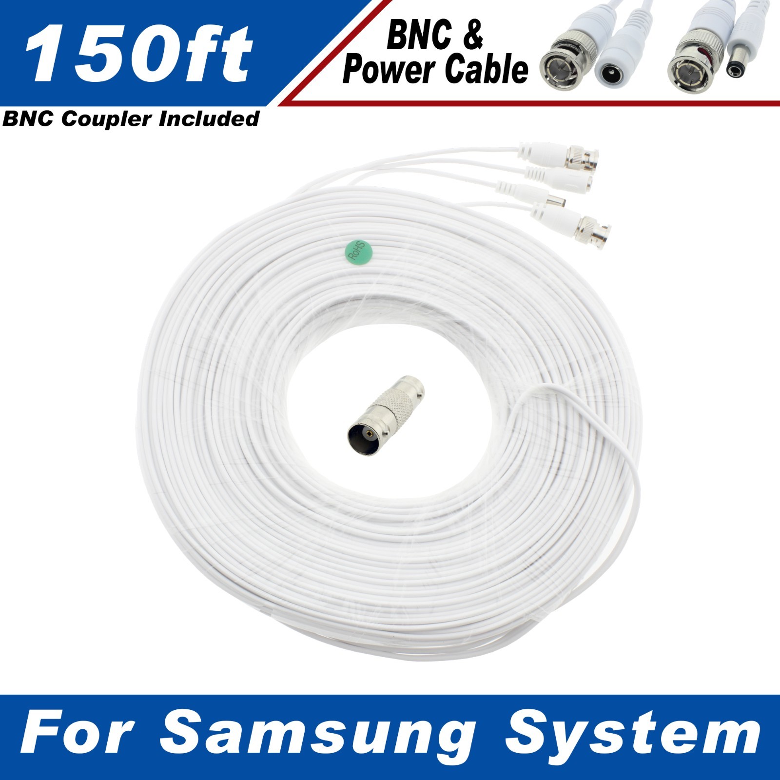 WHITE PREMIUM 150Ft CCTV SURVEILLANCE CABLES FOR SAMSUNG SDS-P5122, P5082, P3042