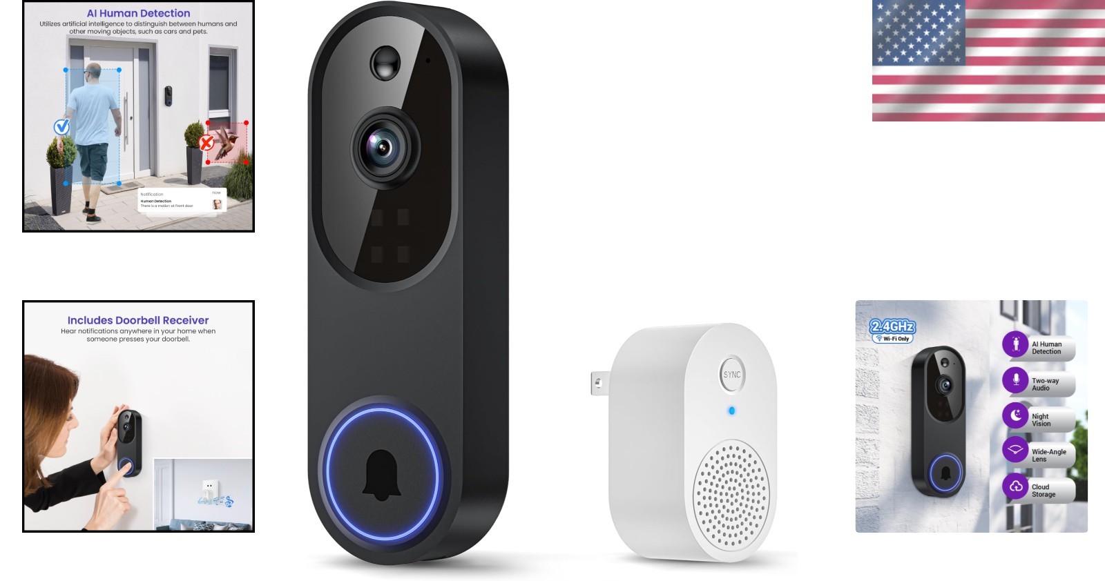 Battery-Powered 1080p Wi-Fi Doorbell with 2-Way Audio and Secure Cloud Storage